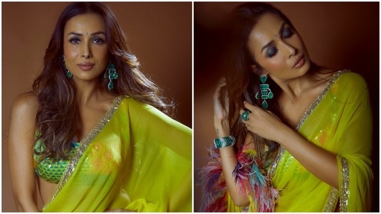 Earlier, Malaika Arora dazzled in a yellow Manish Malhotra saree which she paired with a green and yellow sleeveless blouse.(Instagram/@malaikaaroraofficial)
