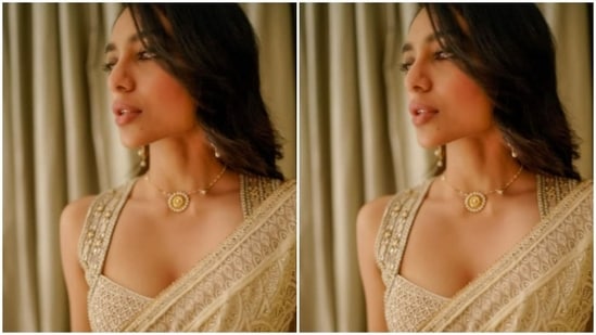 Sobhita played muse to the fashion designer Tarun Tahiliani and picked an ivory white georgette saree.(Instagram/@sobhitad)