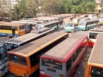 Buses parked at the KSRTC bus station. Buses parked at the KSRTC bus station.