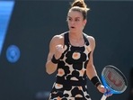Maria Sakkari of Greece reacts after winning a point against Iga Swiatek, of Poland, during the Mexican Tennis WTA Finals in Guadalajara, Mexico, Thursday, Nov. 11, 2021.