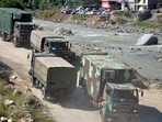 An army convoy carries military material on its way to Ladakh, at Manali-Leh highway on September 30, 2020. (PTI) An army convoy carries military material on its way to Ladakh, at Manali-Leh highway on September 30, 2020. (PTI)