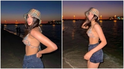Khushi Kapoor, on the other hand, matched her beige checkered bikini top and her hat. She teamed it with denim shorts. (Instagram/@janhvikapoor) Khushi Kapoor, on the other hand, matched her beige checkered bikini top and her hat. She teamed it with denim shorts. (Instagram/@janhvikapoor)