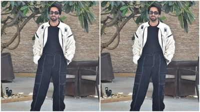 Ayushmann Khurrana looked dapper in a black tee shirt and a black pair of trousers. (HT Photos/Varinder Chawla) Ayushmann Khurrana looked dapper in a black tee shirt and a black pair of trousers. (HT Photos/Varinder Chawla)