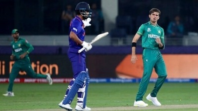 Pakistan's Shaheen Afridi, right, reacts after bowling a delivery to India's KL Rahul during the Cricket Twenty20 World Cup match between India and Pakistan in Dubai. (AP) Pakistan's Shaheen Afridi, right, reacts after bowling a delivery to India's KL Rahul during the Cricket Twenty20 World Cup match between India and Pakistan in Dubai. (AP)