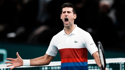 Novak Djokovic of Serbia celebrates his win over Hubert Hurkacz of Poland, during their semifinal match at the Paris Masters tennis tournament at the Accor Arena, in Paris, France, Saturday, Nov. 6, 2021. (AP) Novak Djokovic of Serbia celebrates his win over Hubert Hurkacz of Poland, during their semifinal match at the Paris Masters tennis tournament at the Accor Arena, in Paris, France, Saturday, Nov. 6, 2021. (AP)