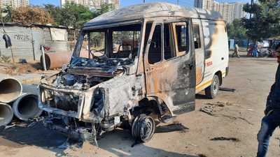 The charred remains of the tempo contracted to Maharashtra Pollution Control Board that caught fire in Thane on Friday. (PRAFUL GANGURDE/HT PHOTO)