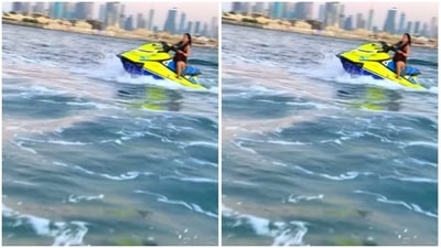 Janhvi, caught in action, making her way in the sea, on a speed boat. (Instagram/@janhvikapoor) Janhvi, caught in action, making her way in the sea, on a speed boat. (Instagram/@janhvikapoor)