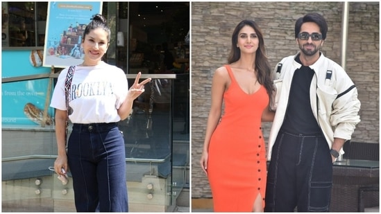 Mumbai streets were star-studded on Friday as multiple celebrities of the tinsel town stepped out to check off their personal and professional duties. While Sunny Leone was spotted by paparazzi in Santacruz, Vaani Kapoor and Ayushmann Khurrana slayed fashion goals as they promoted their upcoming film Chandigarh Kare Aashiqui together.(HT Photos/Varinder Chawla)