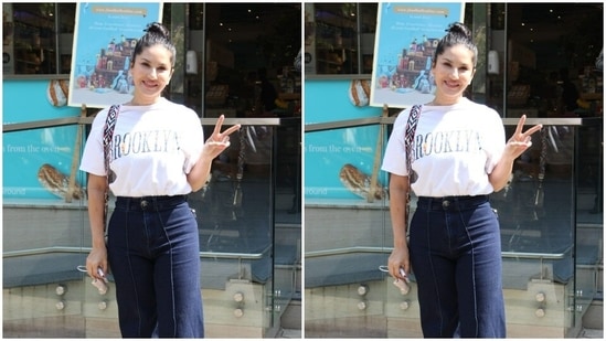 Sunny Leone was at her usual bubbly best, as she posed for the cameras.(HT Photos/Varinder Chawla)