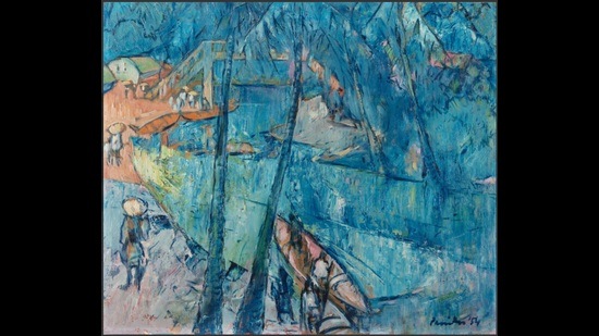 KCS Paniker’s 1954 painting of the backwaters of southern India bathes everything, even the human figures, in blue. (DAG gallery) KCS Paniker’s 1954 painting of the backwaters of southern India bathes everything, even the human figures, in blue. (DAG gallery)