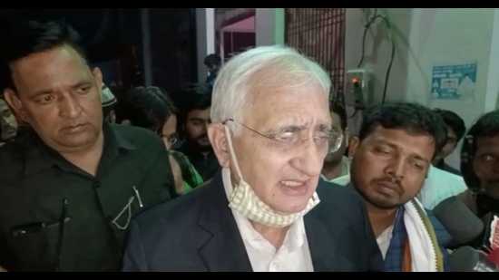 Congress leader Salman Khursheed after meeting custodial death victim Altaf’s family in Kasganj on Friday. (HT)