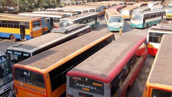 Buses parked at the KSRTC bus station. Buses parked at the KSRTC bus station.