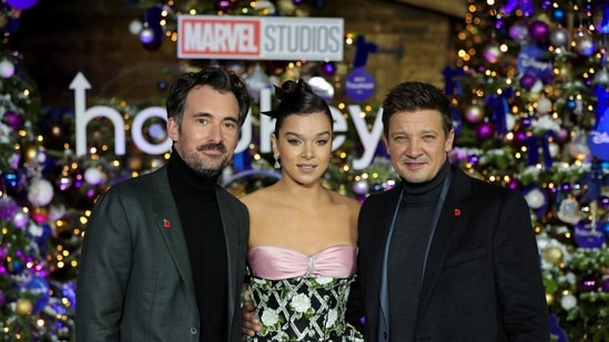 Director Rhys Thomas, Hailee Steinfeld and Jeremy Renner arrive for the screening of Marvel Studios' Hawkeye at Curzon Hoxton in London. (REUTERS)