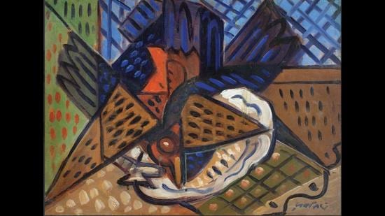 Blue pops out of a Cubist-inspired work by Ramkinkar Baij. (DAG gallery) Blue pops out of a Cubist-inspired work by Ramkinkar Baij. (DAG gallery)