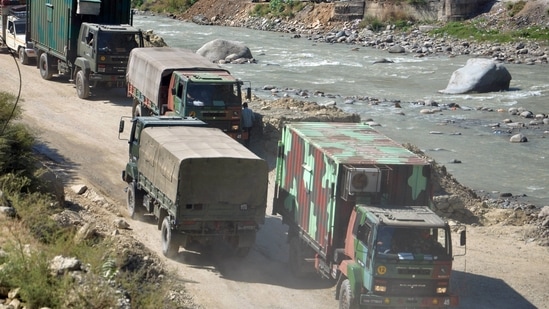An army convoy carries military material on its way to Ladakh, at Manali-Leh highway on September 30, 2020. (PTI)