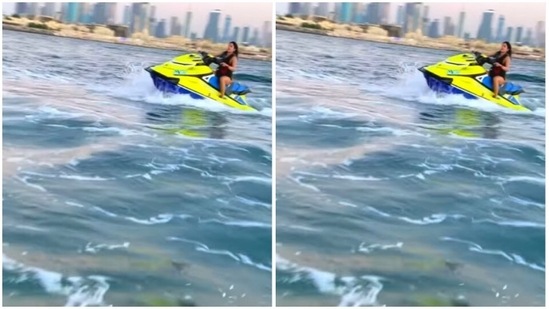 Janhvi, caught in action, making her way in the sea, on a speed boat.(Instagram/@janhvikapoor)