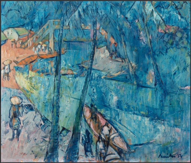 KCS Paniker’s 1954 painting of the backwaters of southern India bathes everything, even the human figures, in blue. (DAG gallery) KCS Paniker’s 1954 painting of the backwaters of southern India bathes everything, even the human figures, in blue. (DAG gallery)