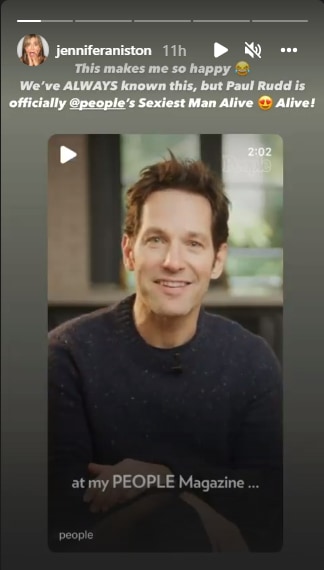 Jennifer Aniston reacts to Paul Rudd's Sexiest Man Alive honour.(Instagram)