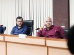 Delhi chief minister Arvind Kejriwal and deputy CM Manish Sisodia at an emergency meeting on Saturday to discuss measures to curb air pollution. (HT) Delhi chief minister Arvind Kejriwal and deputy CM Manish Sisodia at an emergency meeting on Saturday to discuss measures to curb air pollution. (HT)