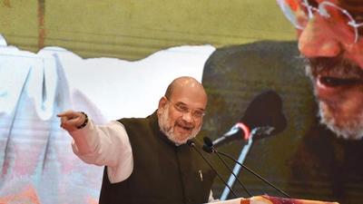 Union home minister Amit Shah at the Akhil Bharatiya Rajbhasha Sammelan in Varanasi where he spoke about the importance of Hindi. (PTI PHOTO)