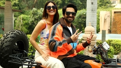 While Ayushmann wore a large jacket over a white T-shirt and black pants, Vaani was dressed in a colourful strappy top and beige wide-legged pants. While Ayushmann wore a large jacket over a white T-shirt and black pants, Vaani was dressed in a colourful strappy top and beige wide-legged pants.