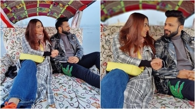 Disha chose a black jumper and teamed it with denims, a black and white plaid long jacket, gloves, and a printed shawl. She wore it with orange sneakers, a yellow over-the-body bag, centre-parted open tresses and a no-makeup look. Rahul complemented his wife in a grey turtleneck, printed pants, and a leather jacket. (Instagram/@dishaparmar) Disha chose a black jumper and teamed it with denims, a black and white plaid long jacket, gloves, and a printed shawl. She wore it with orange sneakers, a yellow over-the-body bag, centre-parted open tresses and a no-makeup look. Rahul complemented his wife in a grey turtleneck, printed pants, and a leather jacket. (Instagram/@dishaparmar)