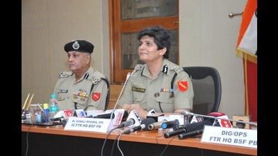 Border Security Force Punjab frontier inspector general of police Sonali Mishra addressing a press conference in Jalandhar on Saturday. (HT Photo) Border Security Force Punjab frontier inspector general of police Sonali Mishra addressing a press conference in Jalandhar on Saturday. (HT Photo)