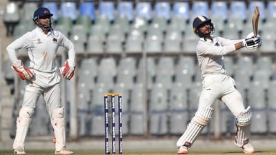 Upendra yadav playing a big shot during a Ranji Trophy game.&nbsp; (HT FILE PHOTO)