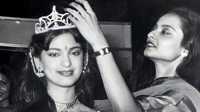 Juhi Chawla and Rekha in a throwback photo.&nbsp;