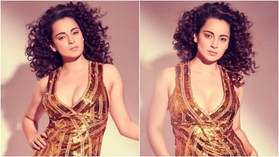 Kangana Ranaut in gold sequin dress nails thigh-high slit trend at Tejas wrap-up party Kangana Ranaut in gold sequin dress nails thigh-high slit trend at Tejas wrap-up party