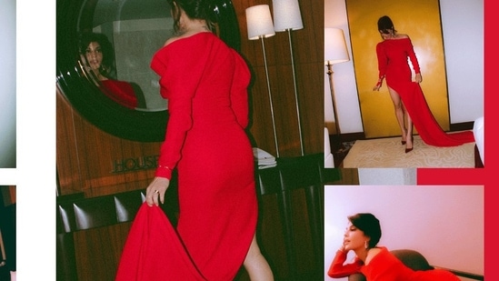 The dress sported a diagonal neckline and an asymmetric hem which extended into a long tail and Jacqueline completed her attire with a pair of metallic red Christian Louboutin heels.(Instagram/vandafashionagency)