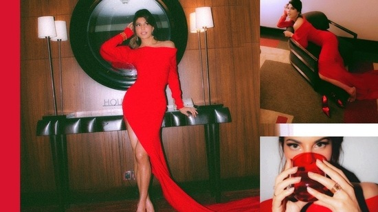 For an awards function, Bollywood actor Jacqueline Fernandez set shutterbugs on frenzy with her sultry appearance in a thigh-slit red crepe mermaid dress.(Instagram/vandafashionagency)