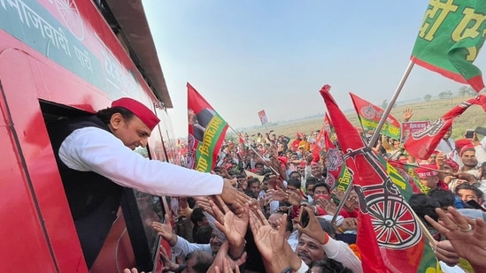 SP chief Akhilesh Yadav during the 'Samajwadi Vijay Yatra' in Gorakhpur on Saturday. (PTI)
