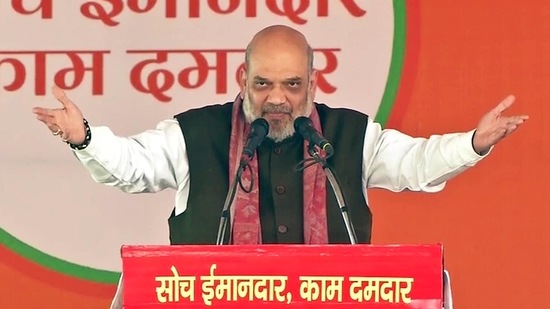 Union home minister Amit Shah who is on a two-day visit to Uttar Pradesh's Purvanchal came up with a new ‘Jinnah’ wordplay to hit out at Samajwadi Party (ANI Photo) (ANI)
