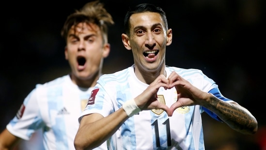 Argentina's Angel Di Maria celebrates scoring their first goal(REUTERS)