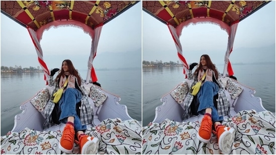 The pictures show Rahul and Disha enjoying the Shikara ride. In one of the candid photos, Disha can be seen looking lovingly at Rahul, and another shows the couple cosily sitting with each other. The rest of the images show Disha posing inside the boat.(Instagram/@dishaparmar)