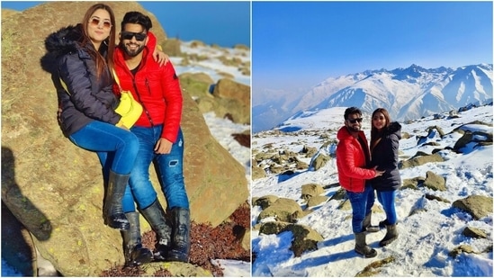 The pictures show Rahul blowing a kiss for Disha, posing in the picturesque valley with her and more. Disha chose a black puffer jacket, denim, and boots for the chilly day. Rahul twinned with her in black boots, denim, and a red jacket.(Instagram/@rahulvaidyarkv)