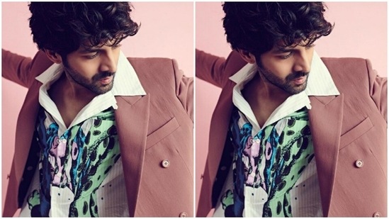 Kartik looked dapper in a white shirt with quirky prints in shades of blue and black.(Instagram/@kartikaaryan)