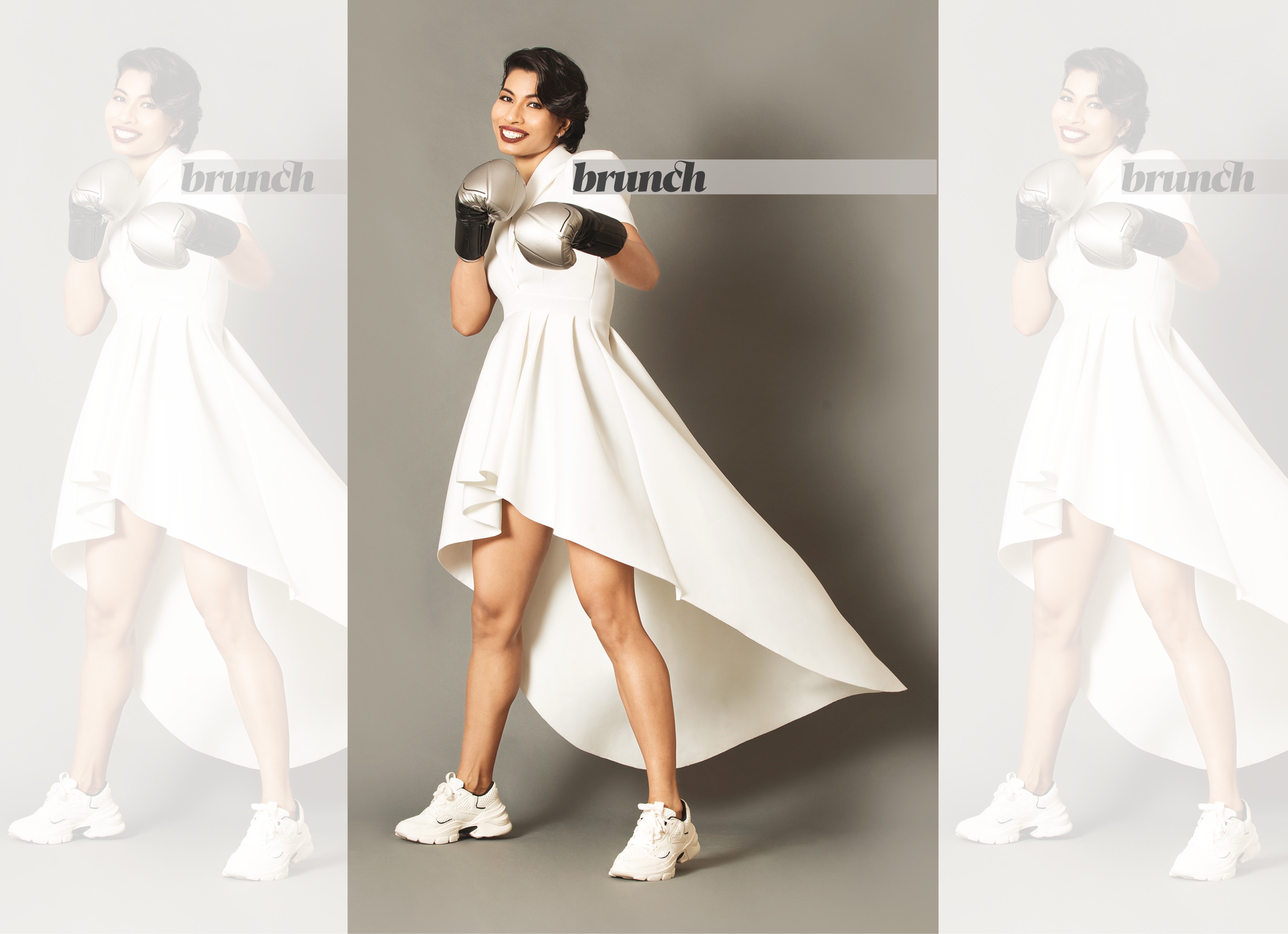 In a white dress by Fashionova made from recycled ocean plastic waste, Lovlina pulls no punches! Gloves & Trainers: Adidas;Silver necklace: Amrapali (Asha Thadani) In a white dress by Fashionova made from recycled ocean plastic waste, Lovlina pulls no punches! Gloves & Trainers: Adidas;Silver necklace: Amrapali (Asha Thadani)