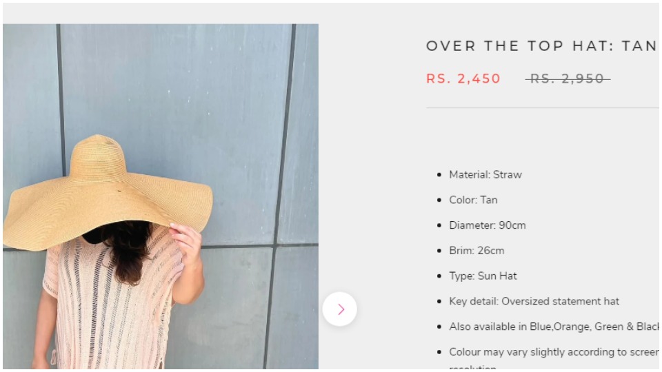 The hat is priced at ₹2450 in the official website of the designer house Fancy pants. (https://www.fancypantsthestore.com/) The hat is priced at ₹2450 in the official website of the designer house Fancy pants. (https://www.fancypantsthestore.com/)