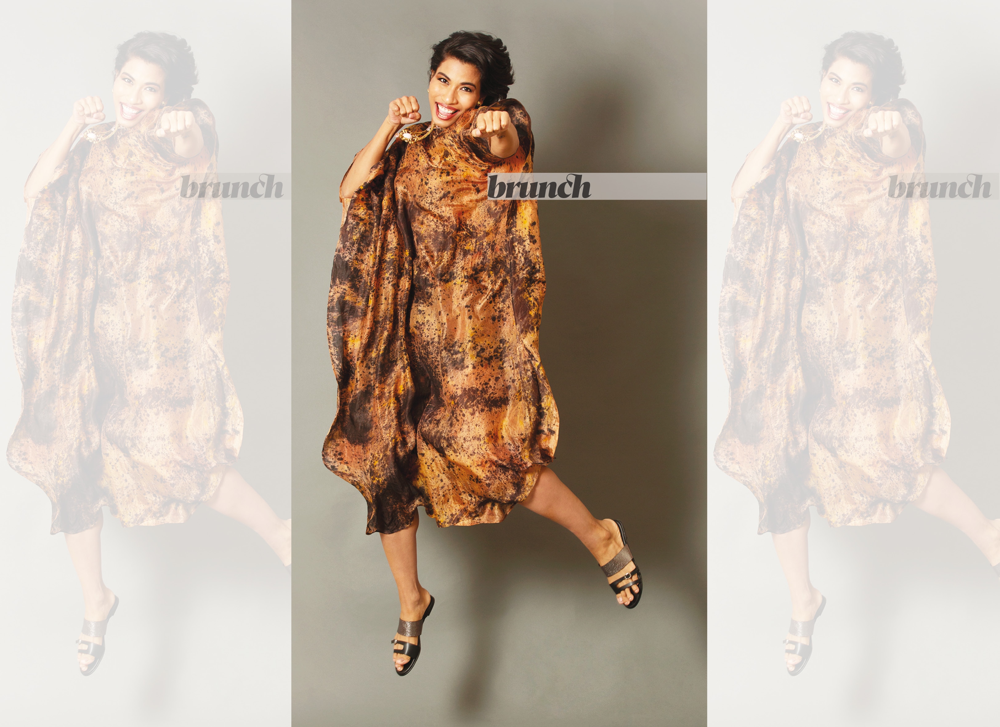 Lovlina flies free in a recycled silk kaftan printed in bronze & black with vegetable dyes by designer Sanchita; Sandals: Westside; Jewellery: Amrapali (Asha Thadani) Lovlina flies free in a recycled silk kaftan printed in bronze & black with vegetable dyes by designer Sanchita; Sandals: Westside; Jewellery: Amrapali (Asha Thadani)