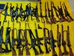 Weapons recovered from 26 Maoists killed in Gadchiroli encounter, on Sunday. (PTI) Weapons recovered from 26 Maoists killed in Gadchiroli encounter, on Sunday. (PTI)