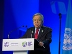 UN secretary-general Antonio Guterres speaks at the COP26 climate summit in Glasgow.(AP) UN secretary-general Antonio Guterres speaks at the COP26 climate summit in Glasgow.(AP)