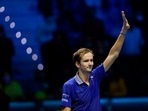 Danil Medvedev of Russia celebrates after defeating Hubert Hurkacz of Poland during their ATP World Tour Finals singles tennis match, at the Pala Alpitour in Turin, Sunday, Nov. 14, 2021.&nbsp;