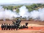 M777 Howitzer gun fires in the air during a ceremony at Deolali artillery centre, in Nashik district.&nbsp;