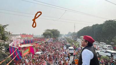Samajwadi Party president Akhilesh Yadav during the Samajwadi Vijay Yatra in Kushinagar on Sunday. (PTI PHOTO) Samajwadi Party president Akhilesh Yadav during the Samajwadi Vijay Yatra in Kushinagar on Sunday. (PTI PHOTO)