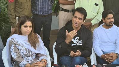 Actor Sonu Sood with sister Malvika during a press conference at his house in Moga; he added that they had not yet decided on which political party she will contest from. (HT Photo)