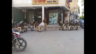 Police deployment in Shahganj locality of Agra after Friday night’s communal tension. (HT photo)