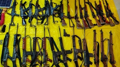 Weapons recovered from 26 Maoists killed in Gadchiroli encounter, on Sunday. (PTI) Weapons recovered from 26 Maoists killed in Gadchiroli encounter, on Sunday. (PTI)