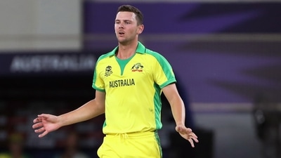 Australia's Josh Hazlewood during the ICC Men's T20 World Cup final match between New Zealand and Australia, at Dubai International Stadium in Dubai on Sunday. (ANI)